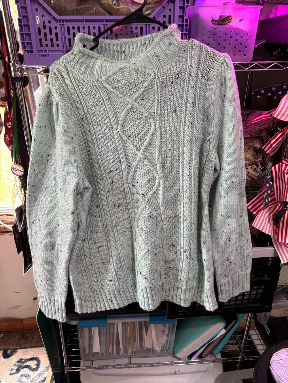Talbots Mint Speckled Cable Knit Puff Sleeve Sweater - Plus Size